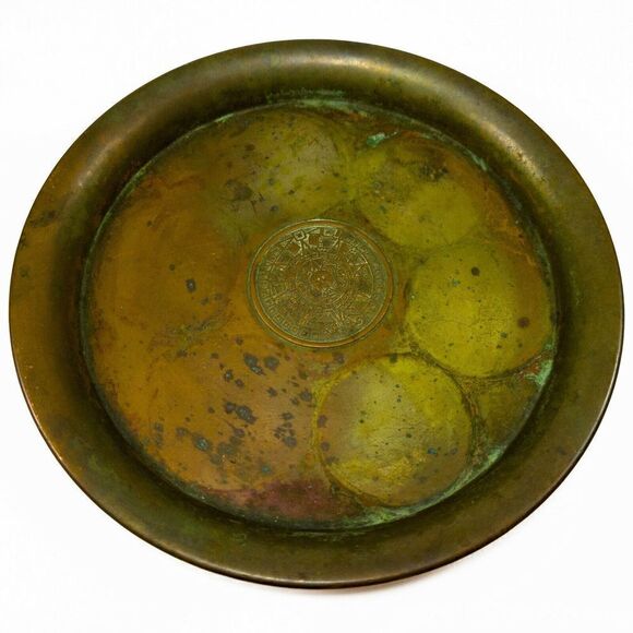 VINTAGE COPPER SET 4/6 CORDIAL SHOT GLASSES GOBLET TRAY MAYAN AZTEC CALENDAR - Picture 4 of 12